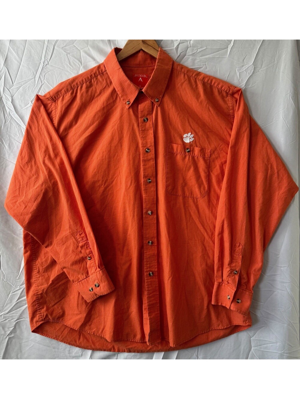Antigua Shirt XL Orange Clemson Tigers Paw Logo Button Down Check